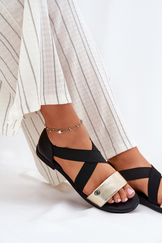 Sandalias planas para mujer. Z Elastycznymi Paskami Negro y-color dorado Tiene querinea