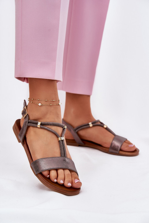 Femenino Sandalias planas con rayas S.Barski KV51-120 color gris Femenino Sandalias planas con rayas S.Barski KV51-120 color gris