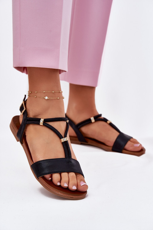 Femenino Sandalias planas con rayas S.Barski KV51-120 de color negro Femenino Sandalias planas con rayas S.Barski KV51-120 de color negro