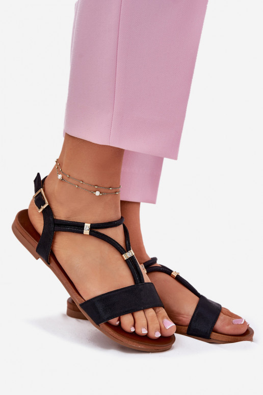 Femenino Sandalias planas con rayas S.Barski KV51-120 de color negro Femenino Sandalias planas con rayas S.Barski KV51-120 de color negro