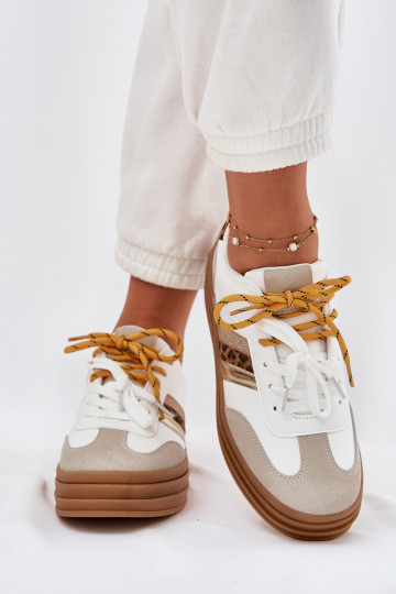 Zapatillas de estilo deportivo para mujer blancas con plataforma, cordones dobles y estampado de leopardo, "Niteria"