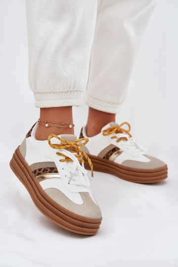 Zapatillas de estilo deportivo para mujer blancas con plataforma, cordones dobles y estampado de leopardo, "Niteria" 2