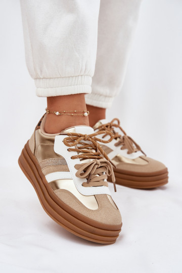 Zapatillas de estilo deportivo para mujer doradas con plataforma, cordones dobles y estampado de leopardo, "Niteria"
