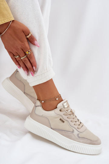 Zapatillas deportivas para mujer de color arena con plataforma de cuero, "Velarria"