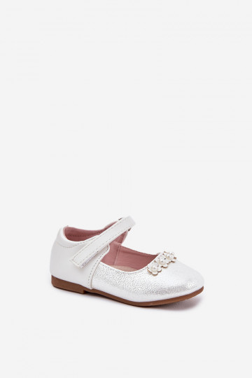 Bailarinas infantiles de color blanco con velcro y motivos florales, "Nikione"