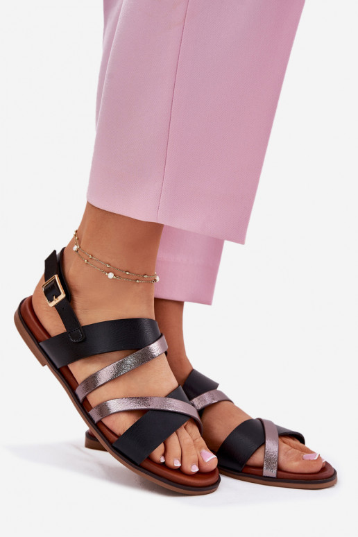 Sandalias de mujer con tacones anchos con rayas Sergio Leone SK086H de color negro