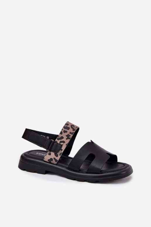 Sandalias de mujer Femenino con tacones anchos con estampados de piel de leopardo Vinceza 66780 de color negro