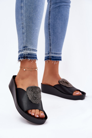 Piel Femenino Zapatillas con adornos KV51-028 de color negro