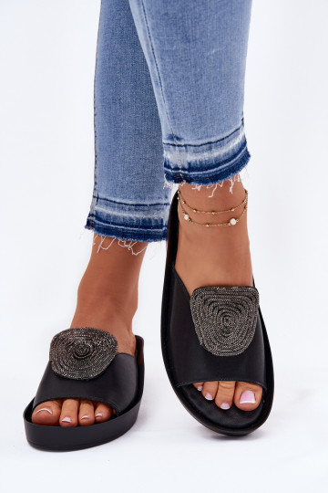 Piel Femenino Zapatillas con adornos KV51-028 de color negro 2