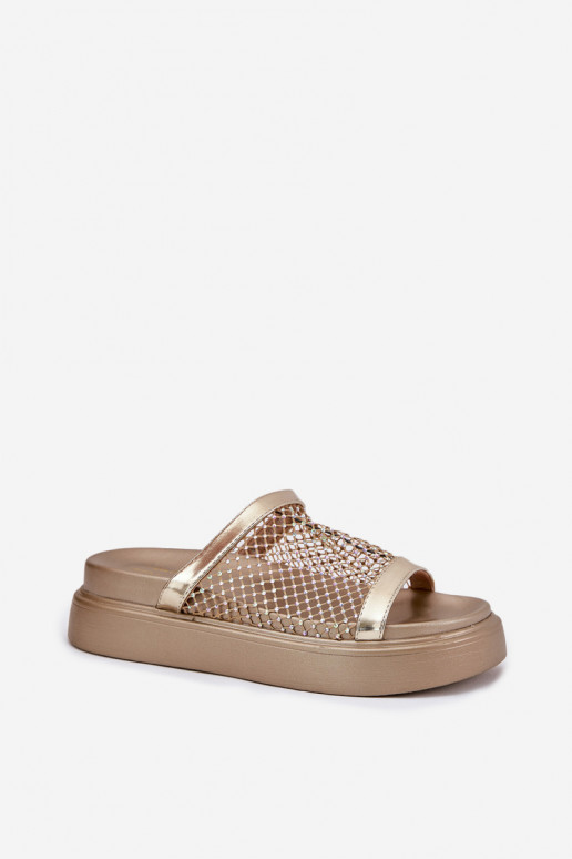 Decorado zapatillas de mujer con una plataforma con malla S.Barski MY51-016 color dorado Decorado zapatillas de mujer con una plataforma con malla S.Barski MY51-016 color dorado