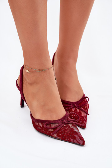 con motivos de encaje zapatos de tacón alto con el talón abierto borgoña Annivirae 2