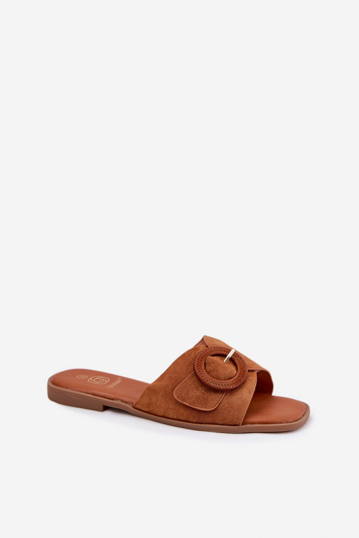 zapatillas de mujer con tacones anchos con hebillas color marrón Lanoni