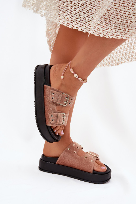 zapatillas de mujer Ze color doradomi con hebillasmi con una plataforma beige Virvania