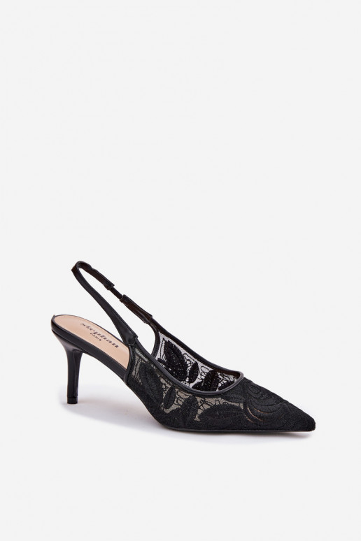 con motivos de encaje zapatos de tacón alto sandalias con el talón abierto de color negro Lisaviela