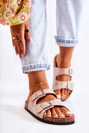 Chanclas de mujer con suela de corcho y hebillas Vivio color oro rosa