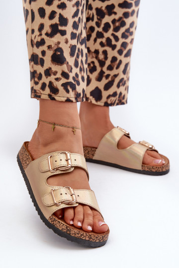Chanclas para mujer con hebillas color oro Fronila