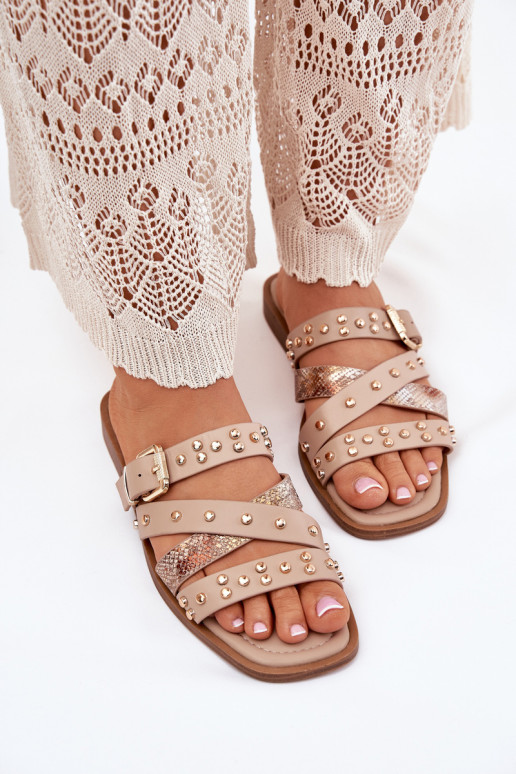 Decorado zapatillas de mujer con tacones anchos con rayas I con hebillas beige Tiene quenitte