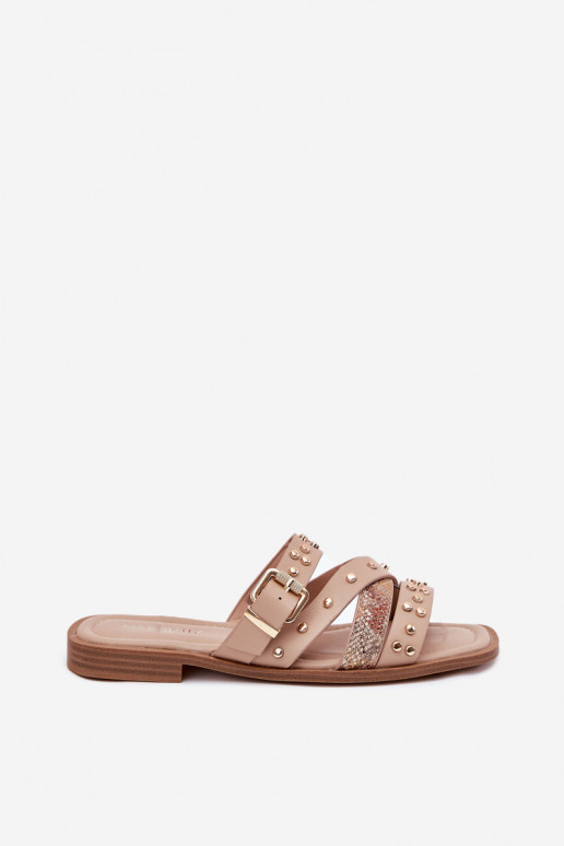 Decorado zapatillas de mujer con tacones anchos con rayas I con hebillas beige Tiene quenitte