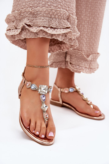 Sandalias de mujer con tacones anchos con ojos brillantes color oro rosa Fiolalia 2