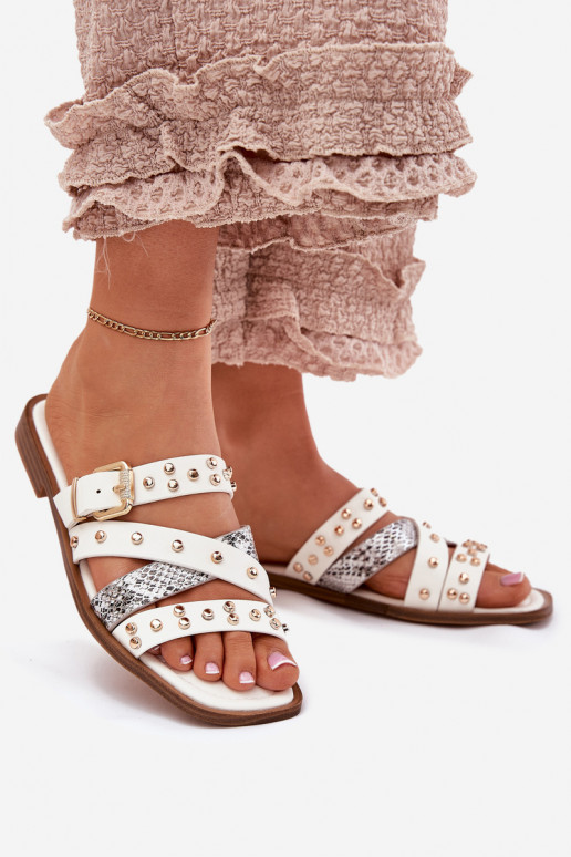 Decorado zapatillas de mujer con tacones anchos con rayas I con hebillas el color blanco Tiene quenitte