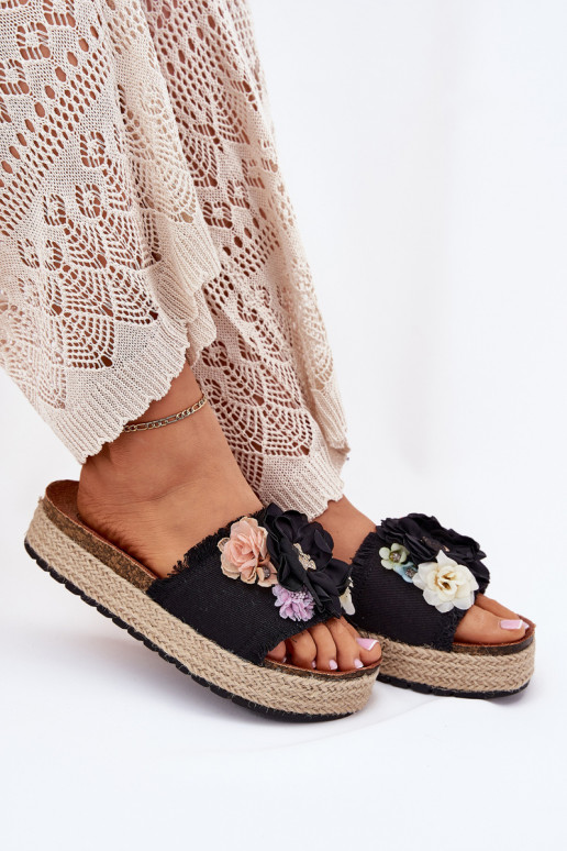 zapatillas de mujer con flores con una plataforma Con Trenza de color negro Zenvanis
