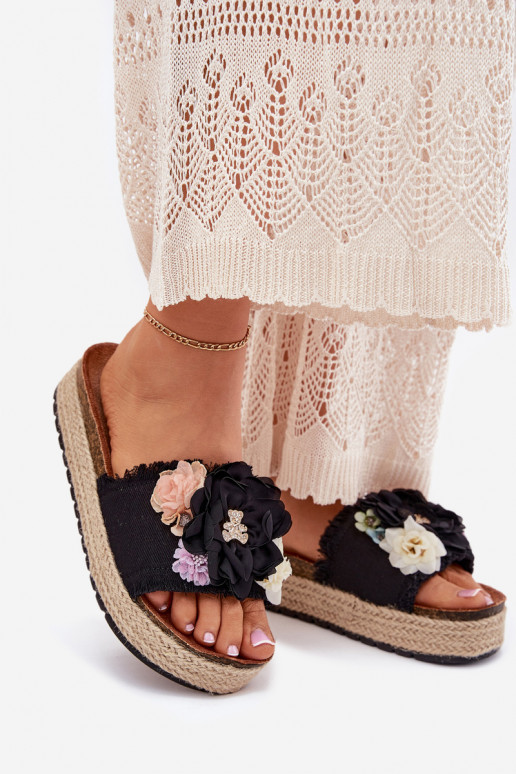 zapatillas de mujer con flores con una plataforma Con Trenza de color negro Zenvanis