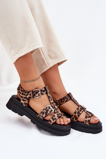 Sandalias de mujer de piel sintética con hebillas Jeneliena con estampado de leopardo