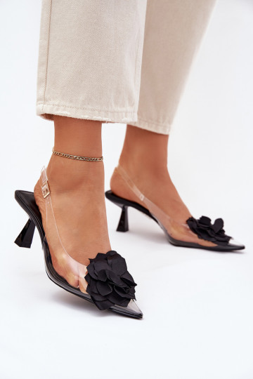 Ver a través de sandalias con tacones finos Con decoraciones Una flor de color negro Risalie