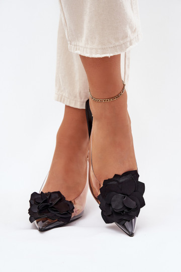 Ver a través de sandalias con tacones finos Con decoraciones Una flor de color negro Risalie 2