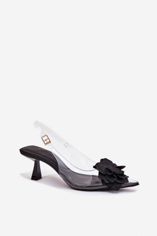 Ver a través de sandalias con tacones finos Con decoraciones Una flor de color negro Risalie Ver a través de sandalias con tacones finos Con decoraciones Una flor de color negro Risalie