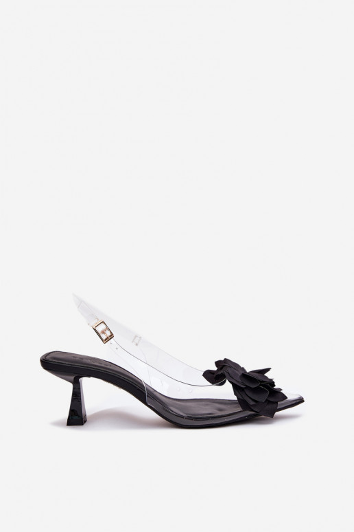 Ver a través de sandalias con tacones finos Con decoraciones Una flor de color negro Risalie Ver a través de sandalias con tacones finos Con decoraciones Una flor de color negro Risalie