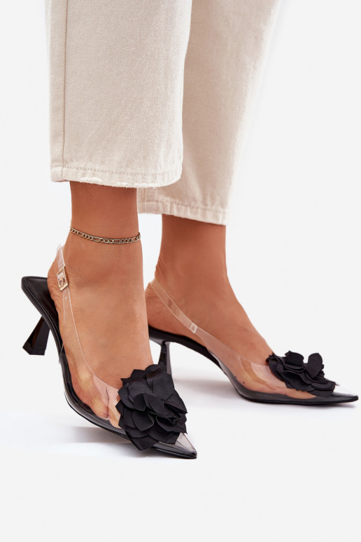 Ver a través de sandalias con tacones finos Con decoraciones Una flor de color negro Risalie Ver a través de sandalias con tacones finos Con decoraciones Una flor de color negro Risalie