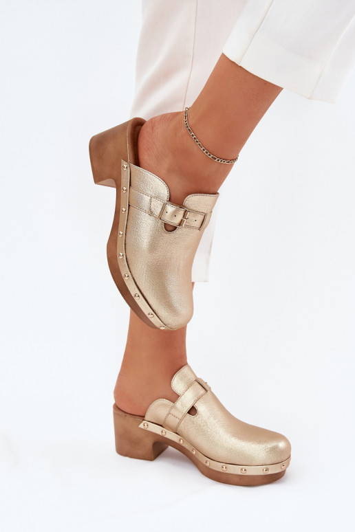 Zapatillas Zuecos Femenino con tacones con hebillas color dorado Veldexina