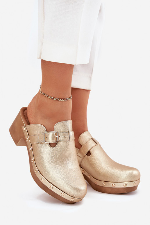 Zapatillas Zuecos Femenino con tacones con hebillas color dorado Veldexina