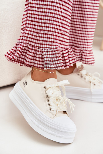 Zapatos de ocio con una plataforma Con decoraciones atándosem beige Tivora 2