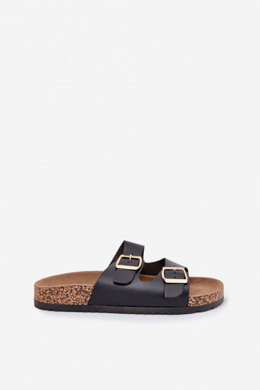 zapatillas de mujer con hebillas de cuero ecológico de color negro Iskira