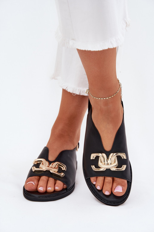 Sandalias de mujer con tacones anchos con detalles dorados de color negro Amelira