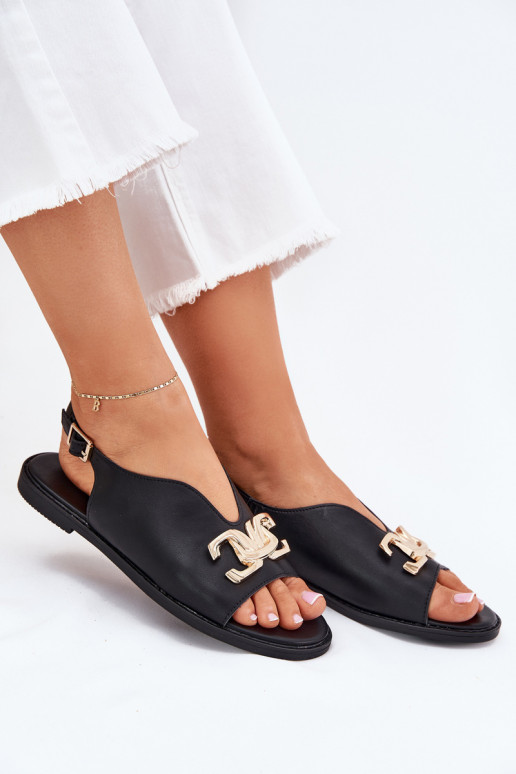 Sandalias de mujer con tacones anchos con detalles dorados de color negro Amelira