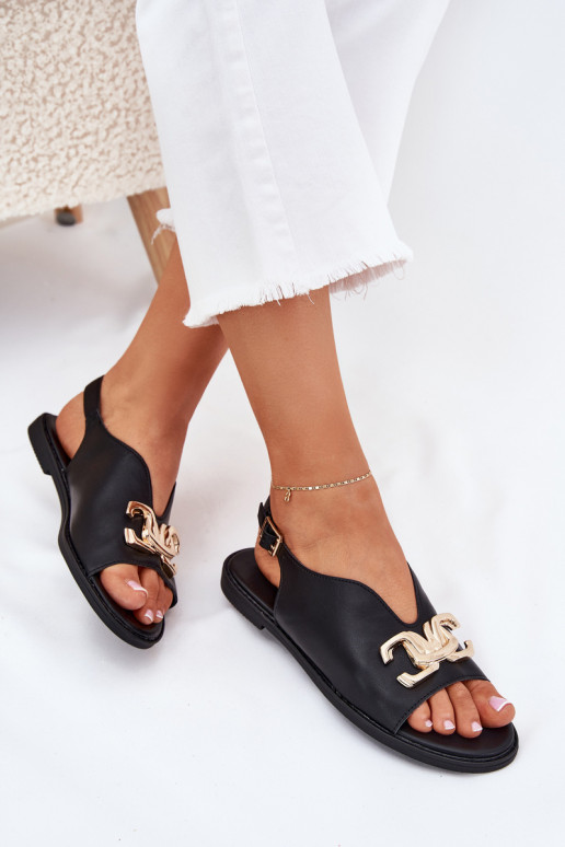 Sandalias de mujer con tacones anchos con detalles dorados de color negro Amelira