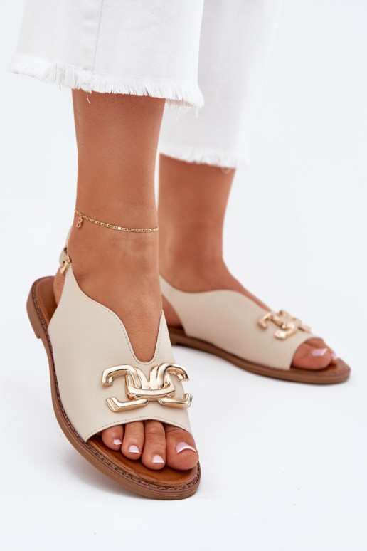 Sandalias de mujer con tacones anchos con detalles dorados beige Amelira