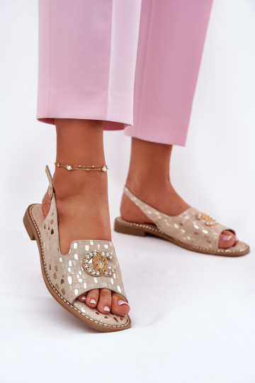 Sandalias de mujer con adornos con tacones anchos S.Barski KV51-096 color dorado