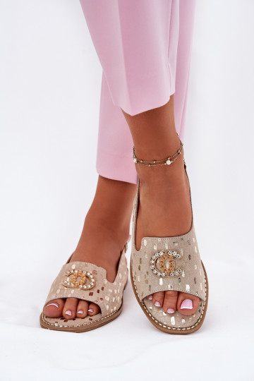 Sandalias de mujer con adornos con tacones anchos S.Barski KV51-096 color dorado 2