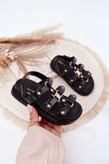Infantil sandalias Ze color doradom Detalem de color negro Lunessa
