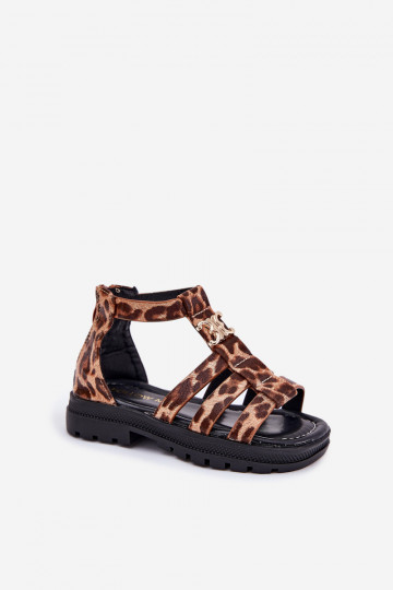 Sandalias tipo gladiador para niños con detalles dorados y estampado de leopardo 2