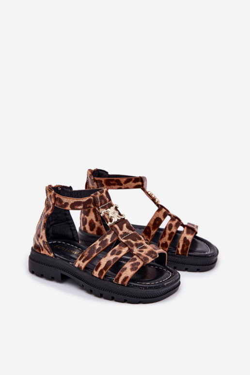Infantil sandalias Gladiador Ze color doradom Detalem con estampados de piel de leopardo Vesira