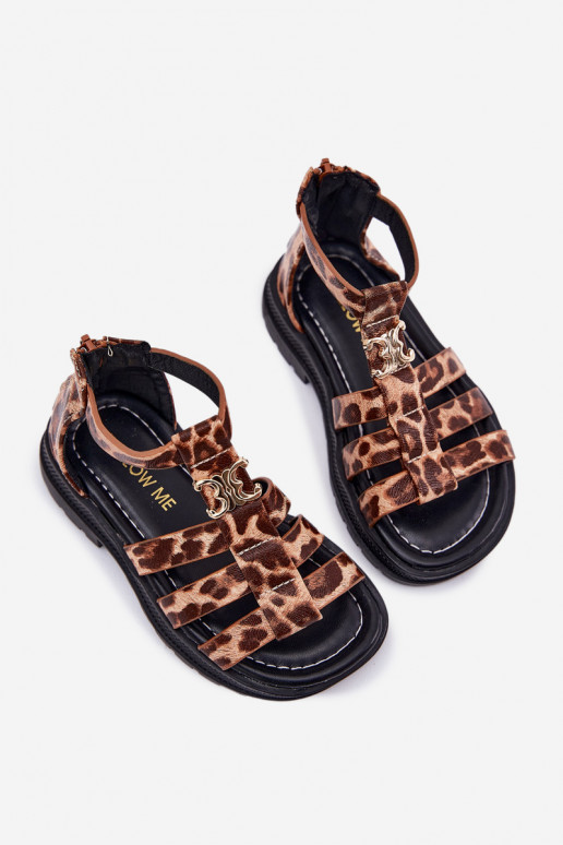 Infantil sandalias Gladiador Ze color doradom Detalem con estampados de piel de leopardo Vesira