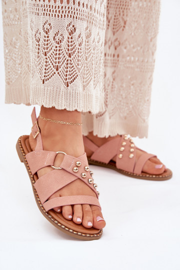 Sandalias de mujer con tacones anchos Ze color doradomi Studs color rosa Zanira