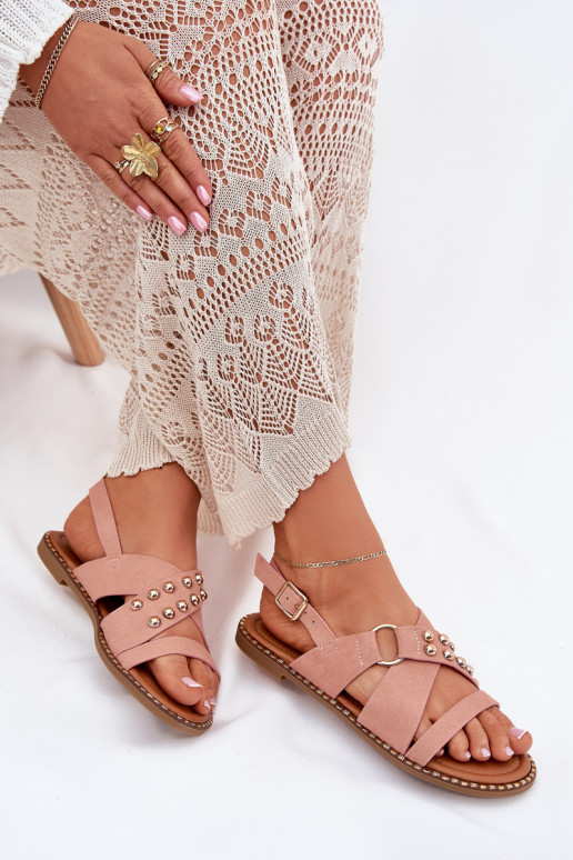 Sandalias de mujer con tacones anchos Ze color doradomi Studs color rosa Zanira