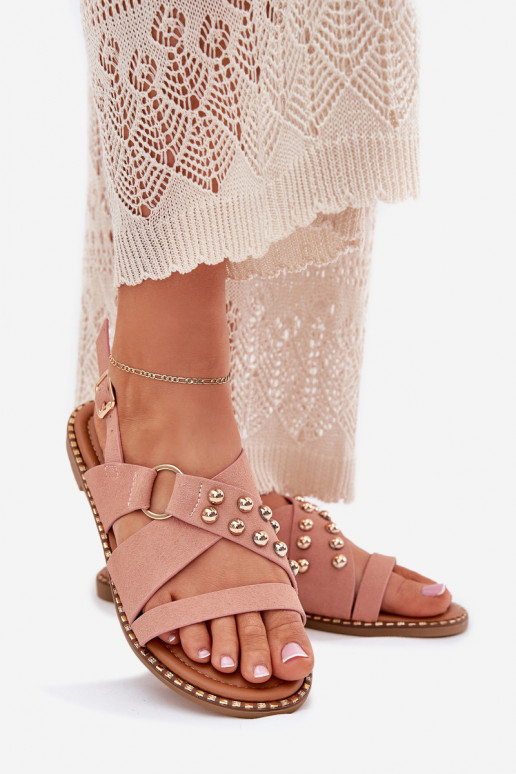 Sandalias de mujer con tacones anchos Ze color doradomi Studs color rosa Zanira