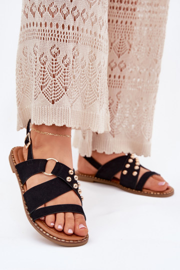 Sandalias de mujer con tacones anchos y hebillas doradas color negro Zanira